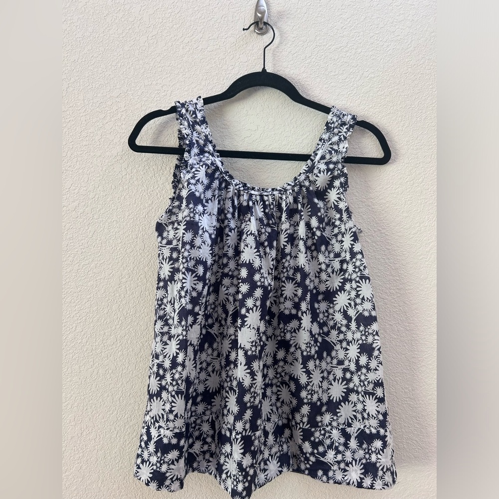French Connection Blue and White Floral Sleeveless Ruffle Babydoll Blouse Size 4